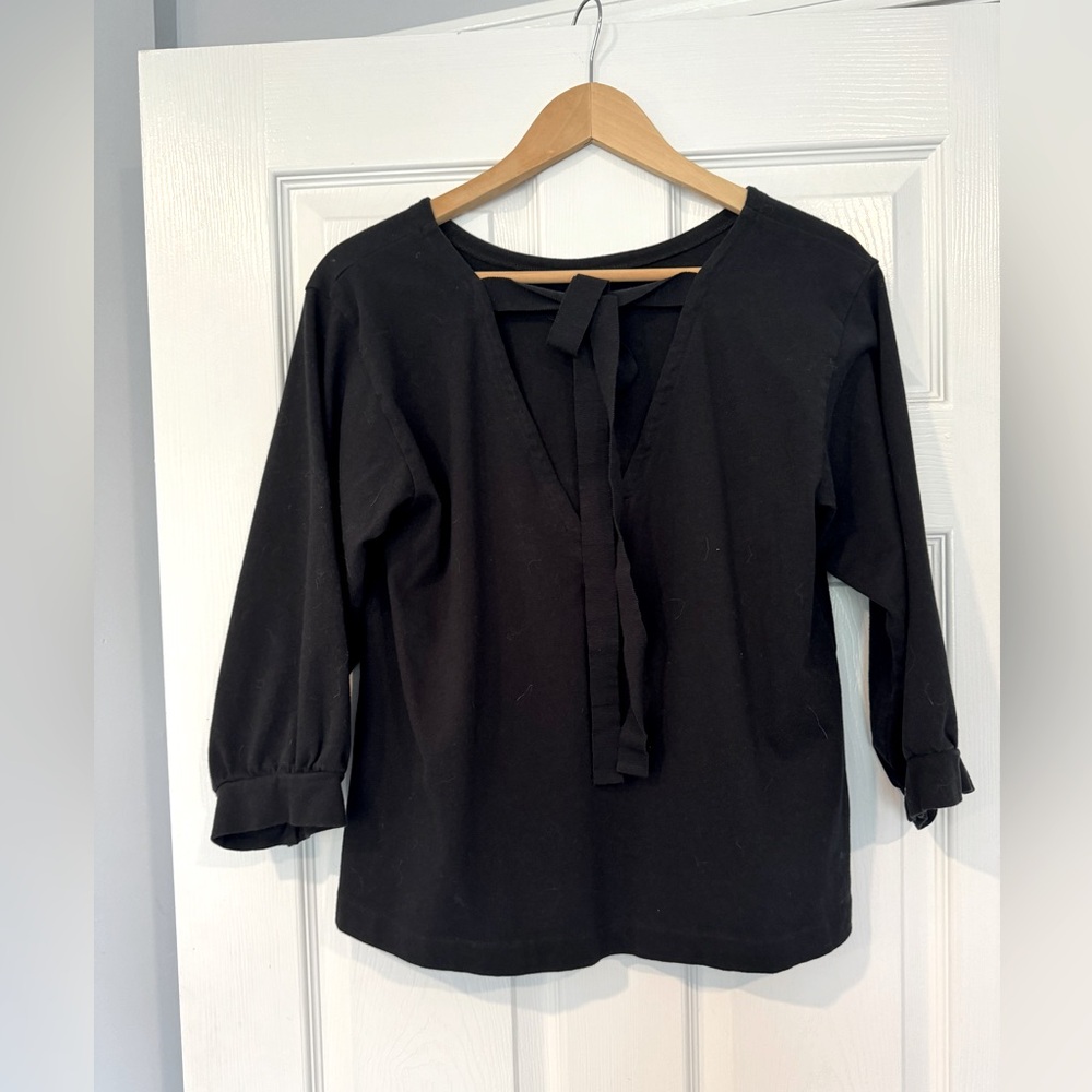 J Crew Black Ribbon Tie Back Relaxed Fit Balloon Sleeve Top, size Med